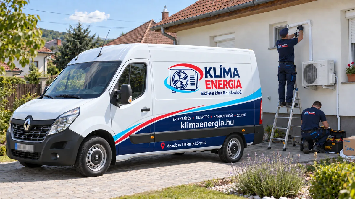 Márkázott Klímaenergia szervizautó egy helyszíni klímatelepítésnél